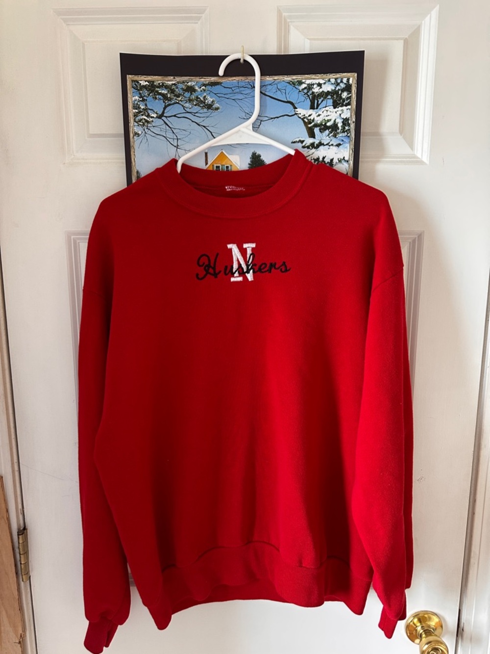 Retro Nebraska Cornhuskers Red Crewneck Sweatshirt with Embroidered Logo